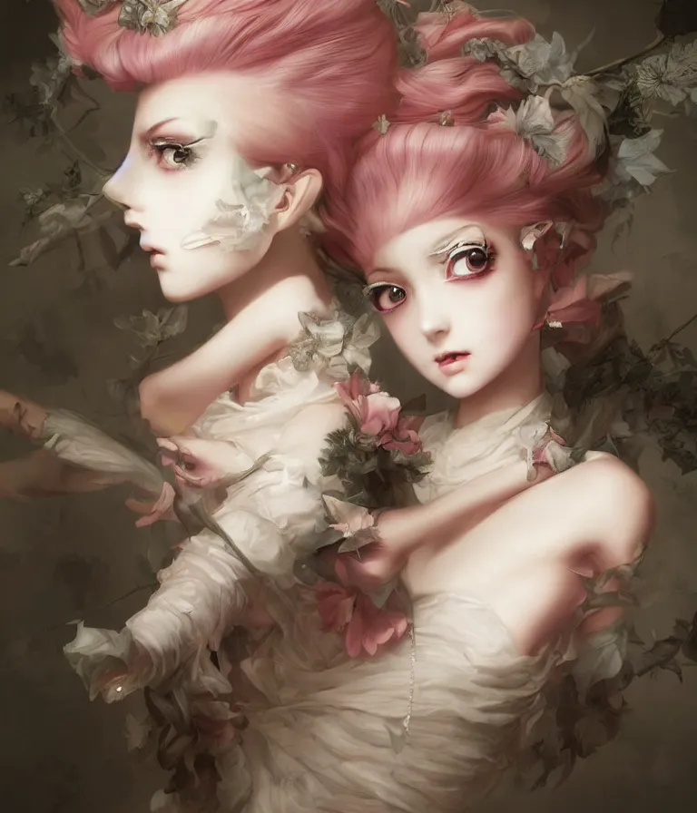 Prompt: anime 3 d art, wlop art, realistic marie antoinette girl painting, japanese street fashion, hyper realism, muted colours, rococo, natalie shau, anime, tom bagshaw style