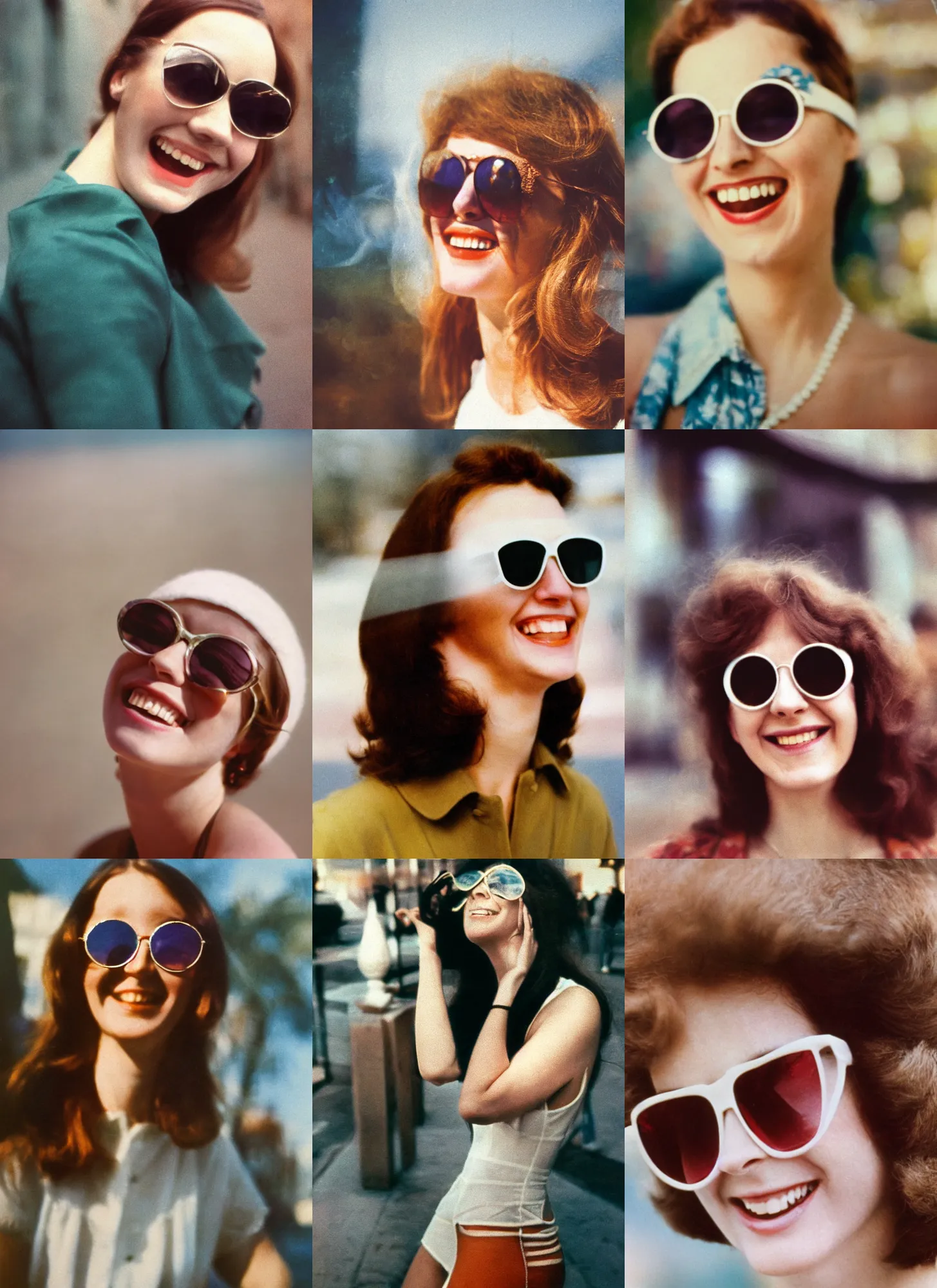 Prompt: 1 9 7 0 s, out of focus photorealistic portrait of a beautiful aesthetic woman with big sunglasses by saul leiter, smiling, very blurry, translucent white skin, closed eyes, foggy