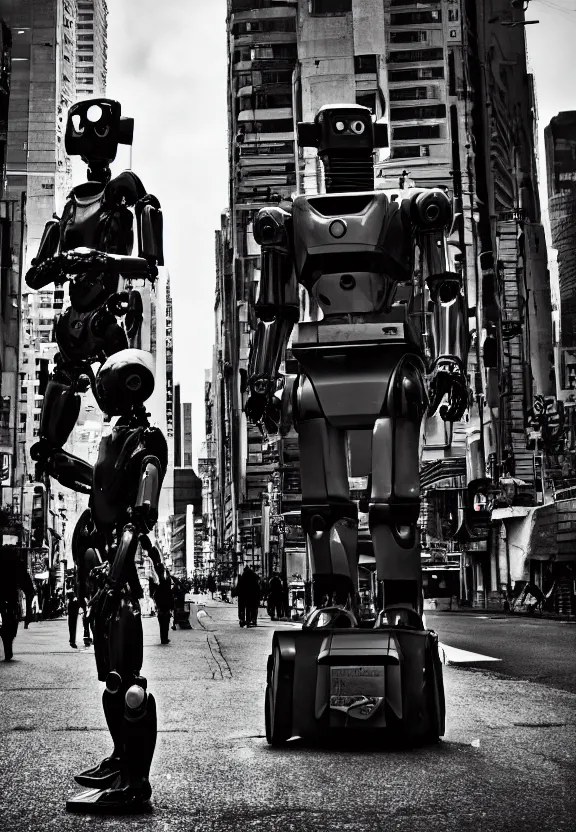 Prompt: a sad photograph two evil robots point each other, large shot, wide shot, in a street, cyberpunk photo,