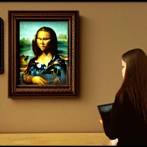 Prompt: mona lisa using a computer in a modern room, realistic, average lighting