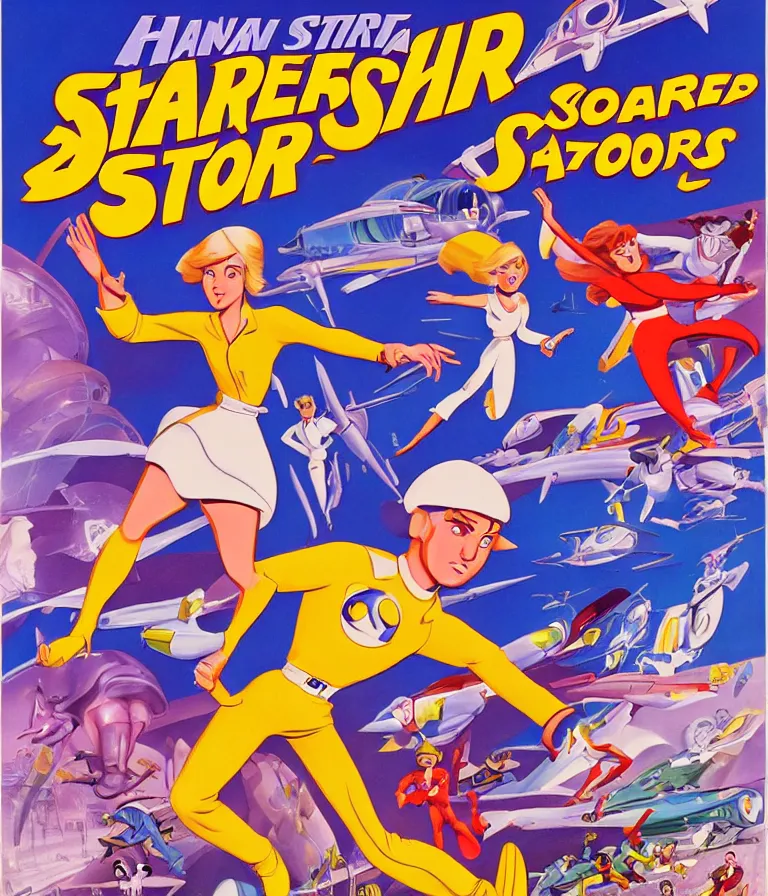 Image similar to Hannah Barbera cartoons of Five Star Stories as Whacky Races, promotional poster super detailed , xpensive production, realistic style, gouache colors, Hollywood retro cartoon poster, golden era of animation work