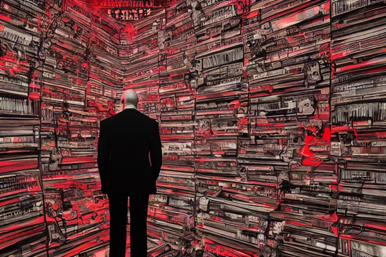 Image similar to an expressive portrait of agent 4 7 from hitman wearing headphones standing in front of a wall of vinyl records, speakers and cables, dark background, red rim light, digital art, artstation, concept art by giger stalenhag