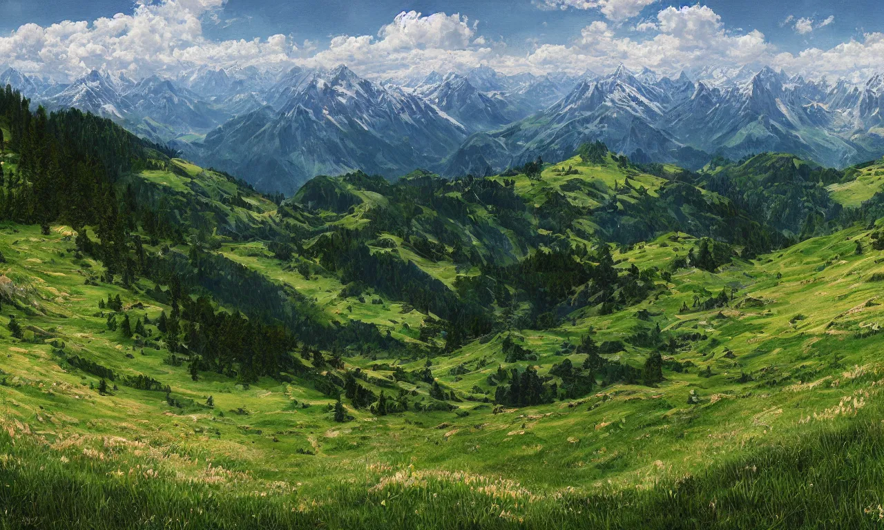 Image similar to realistic view from a mountaintop, high mountains, green meadow, alps, pyranees, digital painting, realistic lighting