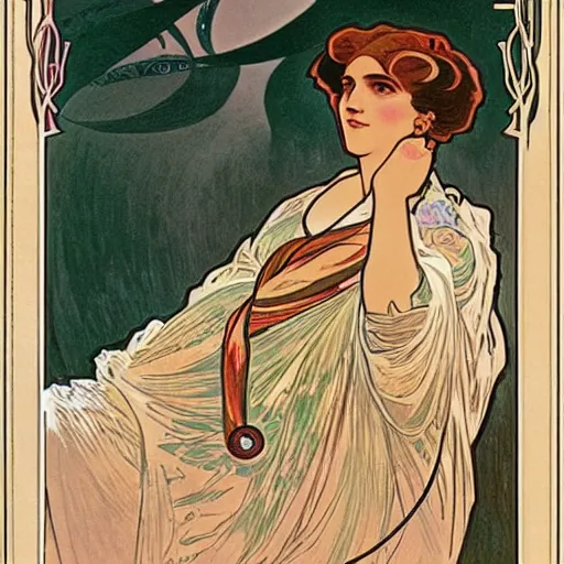 Image similar to feminine portrait of benjamin netanyahu in pride parade, by alphonse mucha