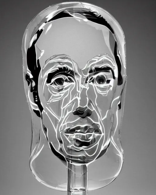 Prompt: a clear glass sculpture of iggy pop's head with a soda bottle cap