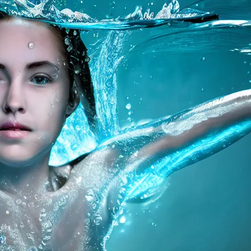 Image similar to water art manipulation in the shape of a womens body, on the ocean water, futuristic, glowing, hyper realistic, ray tracing, realistic water splashes, sharp focus, long shot, 8 k resolution, cinematic, amazing water art