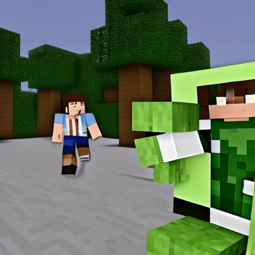 Image similar to minecraft steve running away from a creeper screaming