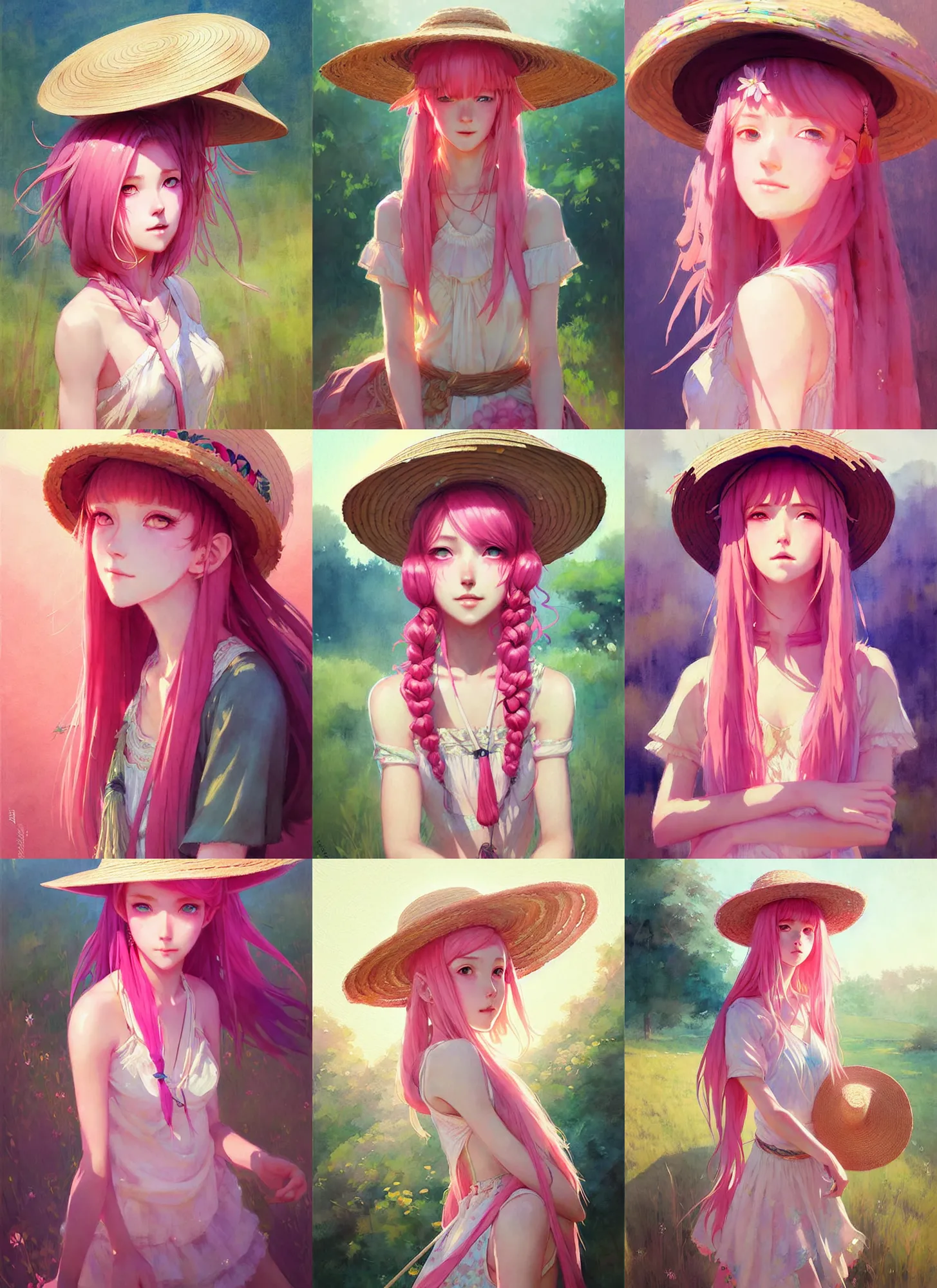 Prompt: portrait of a beautiful girl with pink hair with straw hat dress in boho style camping, symmetry face, top lighting, soft painting, leaning towards watercolor, art by hidari and krenz cushart and wenjun lin and starember