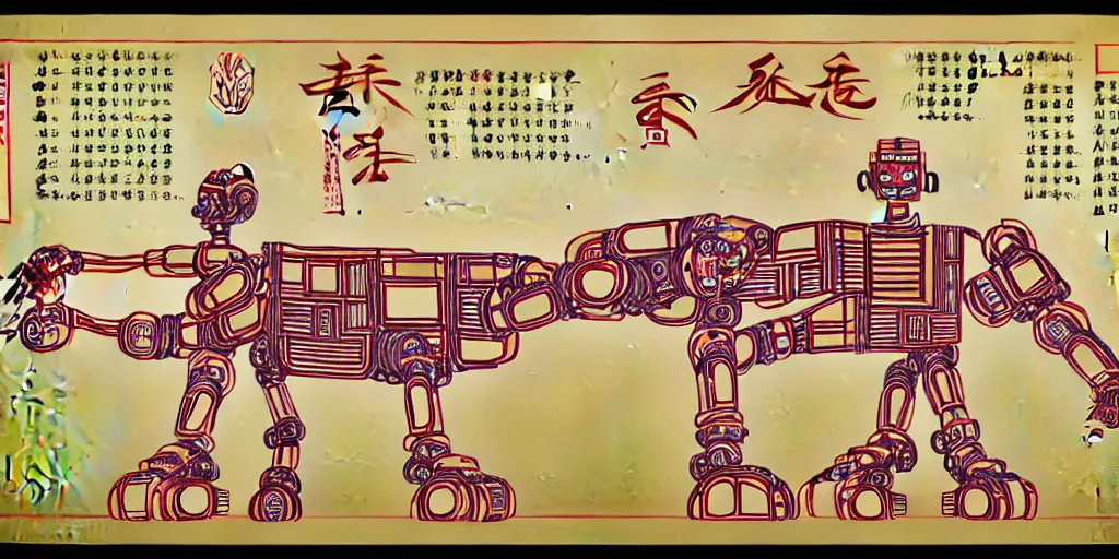 Prompt: a Chinese ancient robot construction blueprint, plans, infographic, painted on silk