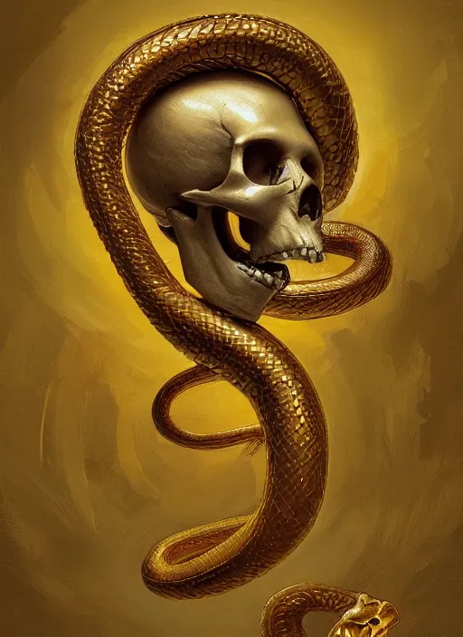 Prompt: A skull with a gold snake slithering around it, highly detailed, digital painting, artstation, concept art, sharp focus, illustration, art by greg rutkowski and alphonse mucha