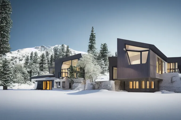 Image similar to modern modern fachwerk house with in the forest on the foot of Elbrus mountain covered by snow on the background, architecture, 3d render 8k , high details