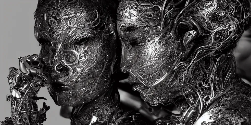 Prompt: hyper realistic photography of a stunningly cyborg female and male, intimate, intricate filigree, in the style of beth cavener, jin kagetsu, and wlop, highly detailed, chrome face symmetry, masterpiece, award - winning, sharp focus, concept art, high key, ambient lighting, 8 k, octane render,