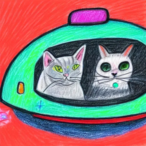 Image similar to An oil pastel drawing of an annoyed cat in a spaceship