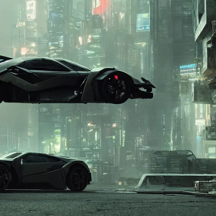 Image similar to cyberpunk car lamborgini counatch, in cyberpunk city, by blade runner, visual by operator roger deakins, by neill blomkamp, elysium, eztreamly detailed