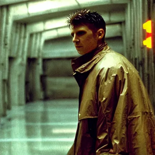 Image similar to cinematic portrait of a runaway replicant with tribal facepaint and a plastic raincoat in an empty room, still from the movie bladerunner