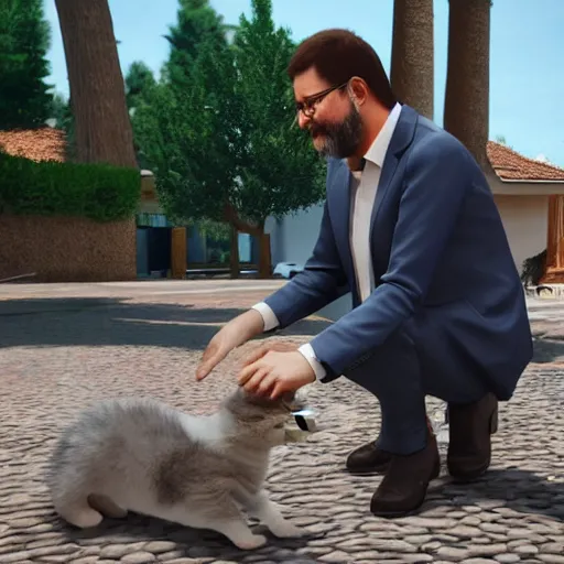 Image similar to mariano rajoy petting kitties, realistic, 4k, unreal engine, lumine,