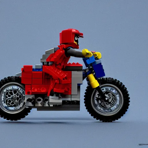 Prompt: a lego minifigure wearing a blue jean and blue shirt and a grey beanie, he is riding a very red ducati panigale, 3 d octane render, artstation, concept art, smooth, sharp focus ilustration hq, octane render, hyperrealistic, aenaluck, artgerm, greg rutkowski