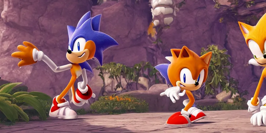 Prompt: cosmo the seedrian talking to tails in the videogame of sonic, high details, high resolution, rendered in unreal engine