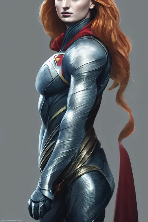 Image similar to a fancy close up of Man of Steel cast as Sophie Turner by Greg Rutkowski, Sung Choi, Mitchell Mohrhauser, Maciej Kuciara, Johnson Ting, Maxim Verehin, Peter Konig, 8k photorealistic, cinematic lighting, HD, high details, dramatic, trending on artstation, full body shot