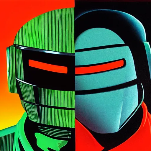 Image similar to lizards in daft punk costume painted by barclay shaw