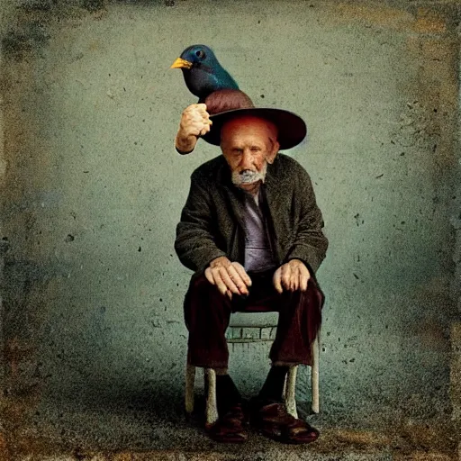 Image similar to old man with hat, bird sitting on top of hat, brooke shaden