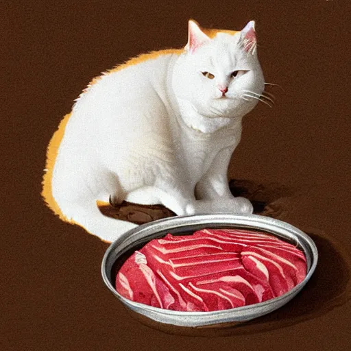 Image similar to a fat cat eating Canned tuna, digital art