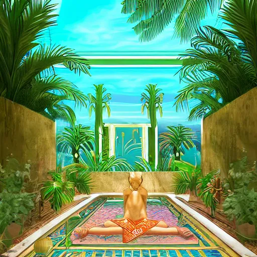 Image similar to a pool in a ancient egyptian interior full of plant and palms,retrowave art,digital art