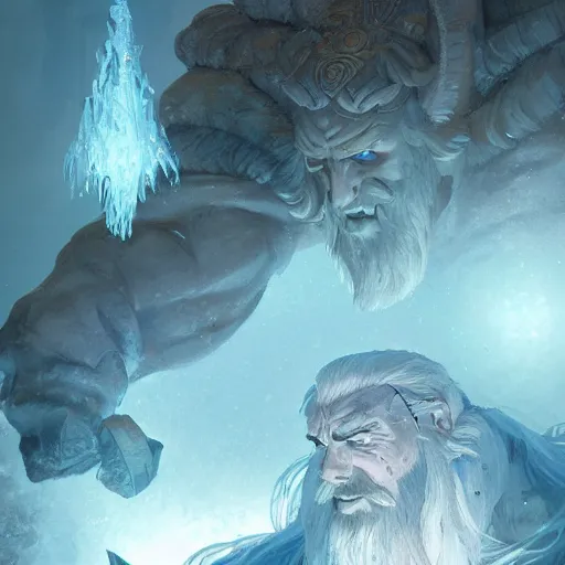 Prompt: An ancient ice giant Jotun, D&D, fantasy, intricate, cinematic lighting, highly detailed, digital painting, artstation, concept art, smooth, sharp focus, illustration, art by Akihiko Yoshida, Greg Rutkowski and Alphonse Mucha