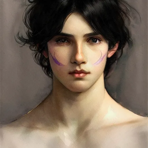 Image similar to young boy, black hair, purple eyes, gorgeous, amazing, delicate, elegant, intricate, highly detailed, watercolor, portrait, artstation, concept art, sharp focus, illustration, art by artherm and greg rutkowski and alphonse mucha