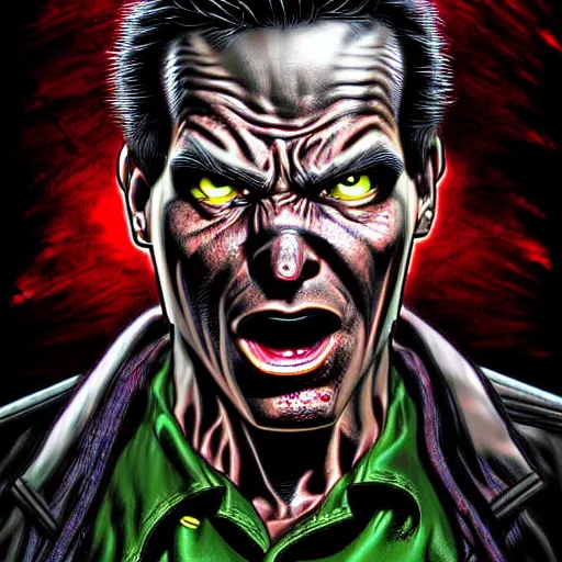 Image similar to a highly detailed surprised man, comic book cover art, in the style of todd mcfarlane and jack kirby, with a haunting background, digital photography, photorealistic, realistic, extreme detail
