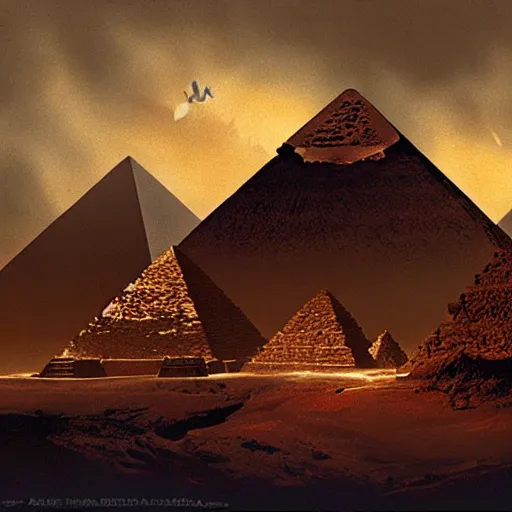 Image similar to the aliens building the pyramids, mysterious, ominous, eerie, craig mullins