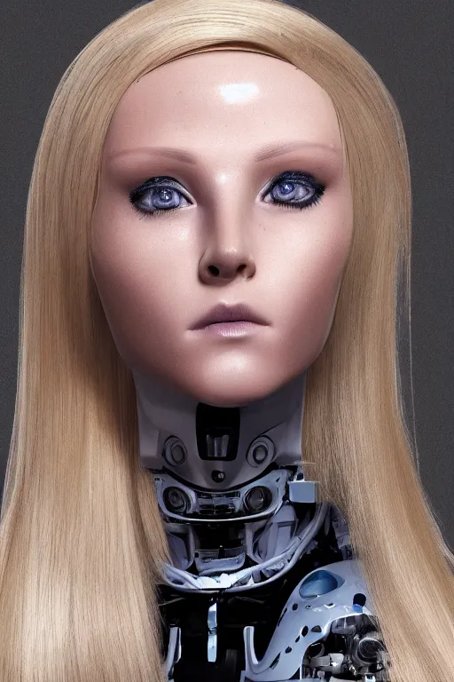 Image similar to robot with human face, female head, full body angle, woman human face, human face realistic, beautiful blonde hair, human head, human head with blonde hair, blonde hair human head, blonde hair, human realistic face, human head skin, cyborg frame concept, cyborg by ales-kotnik, sci-fi android female, the body is made of wires, robotic body, cyborg body, cyborg bust body, robot body cyborg, full body