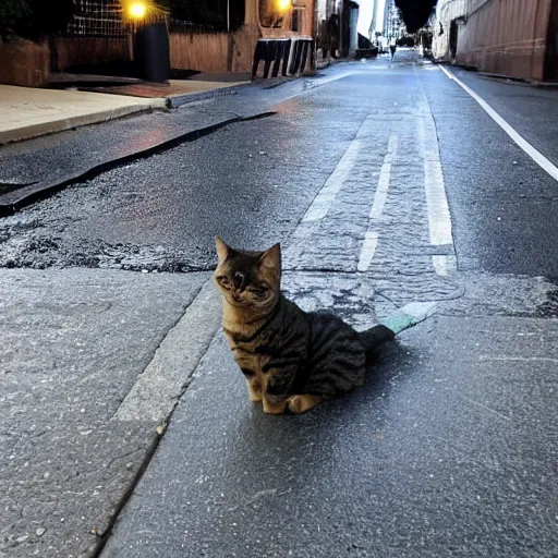 Image similar to Cat sitting on wet street corner with glowing exclamation mark over its head