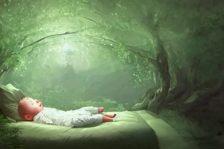 Prompt: beautiful illustration of a little boy on his bed dreaming about a beautiful green forest, intricate, elegant, glowing lights, highly detailed, digital painting, artstation, concept art, smooth, sharp focus, illustration, art by wlop, mars ravelo and greg rutkowski