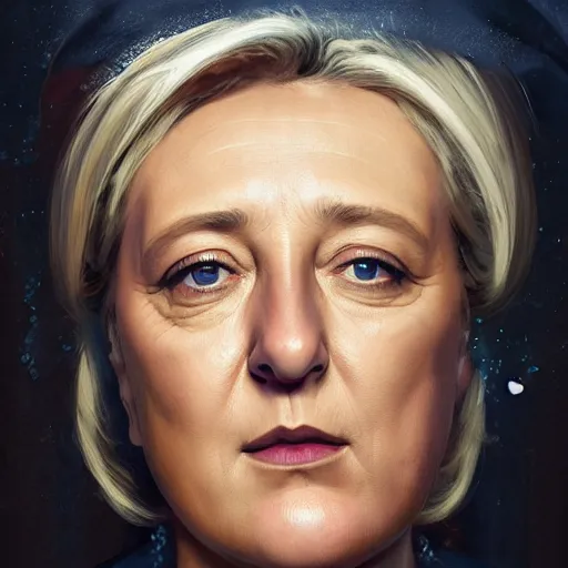 Image similar to Portrait of Marine le Pen , french emperor, heroic, tricolor amazing splashscreen artwork, splash art, head slightly tilted, natural light, elegant, intricate, fantasy, atmospheric lighting, cinematic, matte painting, detailed face, by Greg rutkowski