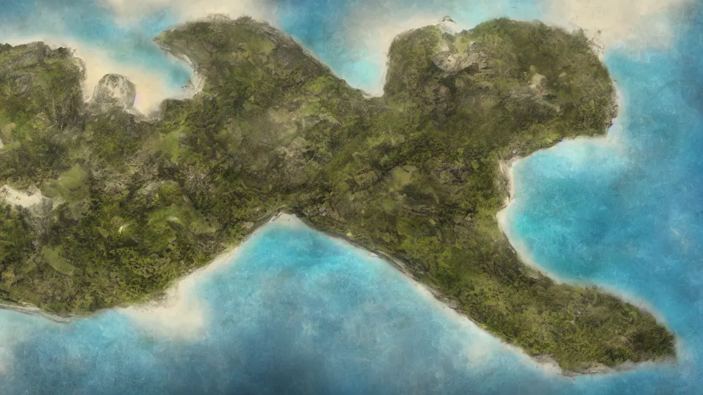 Image similar to Long forgotten island that once hosted a great civilization now gone, Tropical Island, matte painting, concept art, top down view