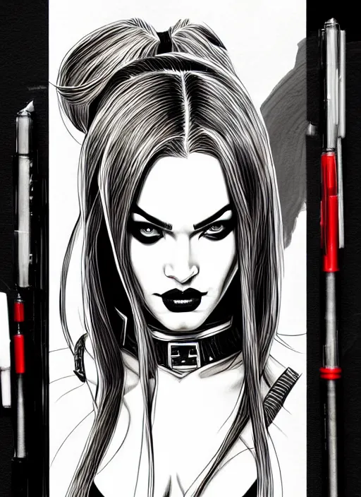 Image similar to symmetry concpet art, full shot, traditional ink, sketch, of megan fox as harley quinn, line sketch, intricate, elegant, highly detailed, monochrome, digital painting, artstation, concept art, green, black, red ink sharp focus, illustration, art by borderlands 3 and peter polach