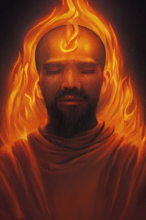 Image similar to A portrait of a single monk meditating in flames by Afshar Petros, Trending on artstation.