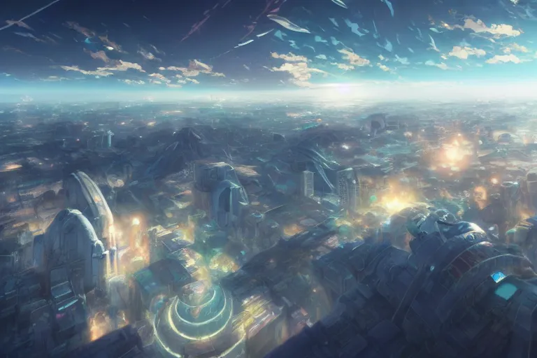 Image similar to ultra realistic flying city on clouds, colors, 8 k, hd, details, fantasy, epic, ancient city, landscape illustration concept art anime key visual trending pixiv fanbox by wlop and greg rutkowski and makoto shinkai and studio ghibli and kyoto animation symmetrical facial features