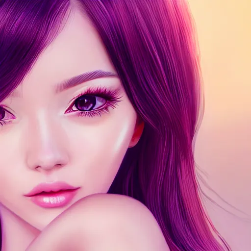 Image similar to beautiful hyperrealism hyperdetailed portrait of nikki from shining nikki dress - up game, a cute young woman, light pink hair, long hair with full bangs, full heart - shaped face, amber eyes, pale skin, light blush, chinese heritage,, smiling softly, golden hour, soft focus, 8 k,