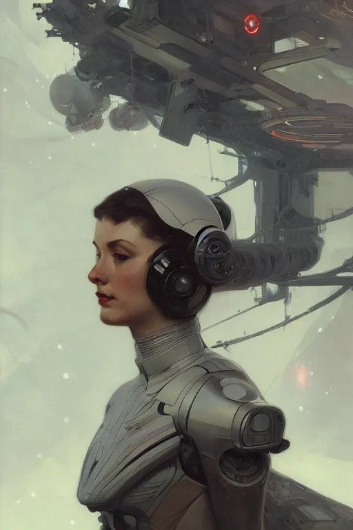 Image similar to A full portrait of a scifi heavy deep space fighter pilot, intricate, elegant, highly detailed, digital painting, artstation, concept art, smooth, sharp focus, illustration, art by Krenz Cushart and Artem Demura and alphonse mucha