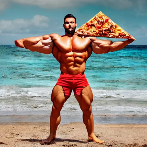 Image similar to muscular man in pizza styled outfit, beach background