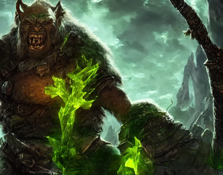 Image similar to green male orc warrior with crystal shards, beautiful graphics, fantasy artwork, very beautiful scenery, hd, hdr, ue 5, ue 6, unreal engine 5, cinematic 4 k wallpaper, 8 k, ultra detailed, by popular digital, details, beautiful image ever created, high resolution, artstation, award winning