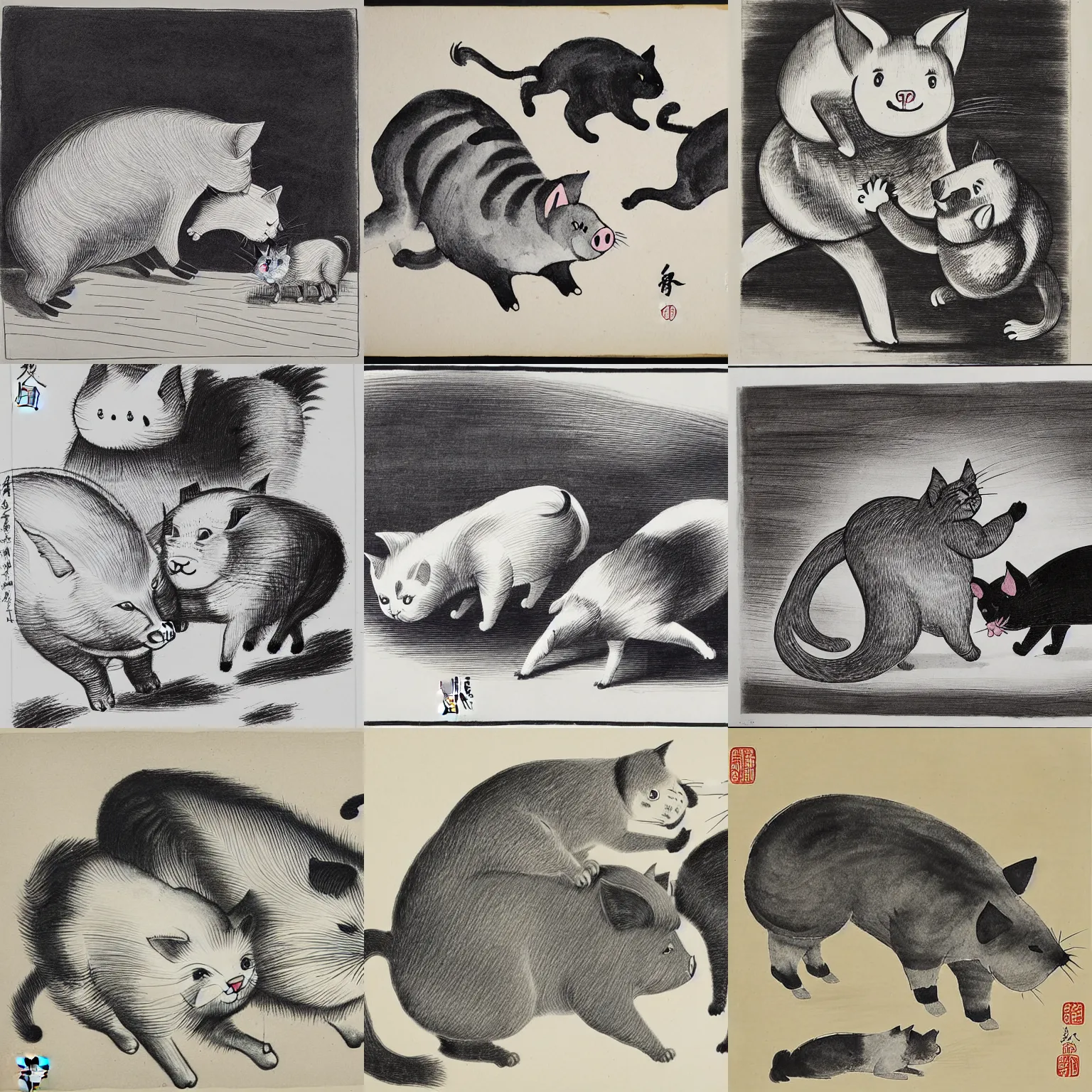 Prompt: cat and pig fight with each other, chinese ink painting