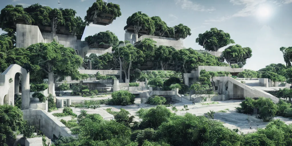 Prompt: verdant classical garden based on the brutalist architecture of carlo scarpa in a megacity made of travertine temples, sci-fi, a white space elevator in the distance light blue sky with clouds, dramatic matte painting, 4k museum photograph, octane render, photorealistic, hyperrealism