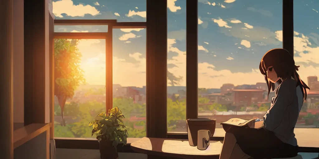 Prompt: Girl reading in a window seat in a coffee shop at sunset cinematic lighting, style by Makoto Shinkai