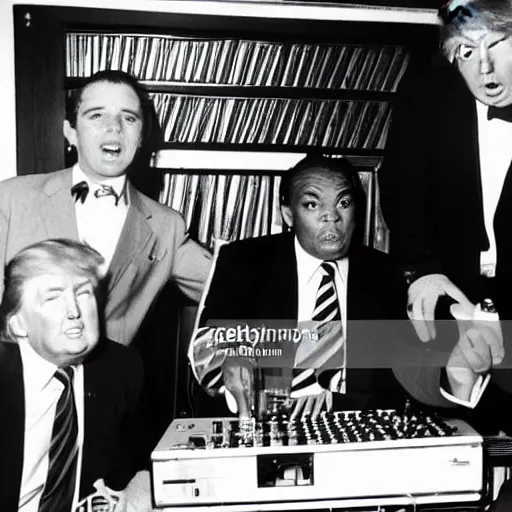 Prompt: donald trump in studio one with king tubby and scientist