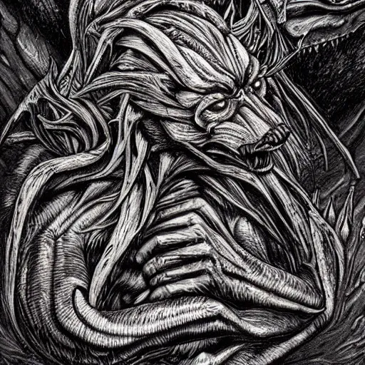 Image similar to half Werewolf half Hellhound Building a structure, style of H. R. Giger, disquieting, unsettling, baroque style. Highly detailed, cinematic, dramatic
