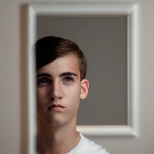 Prompt: young man looking deeply into a mirror, portrait studio, taken with canon eos, f 1. 4, soft diffused light, iso 2 0 0,