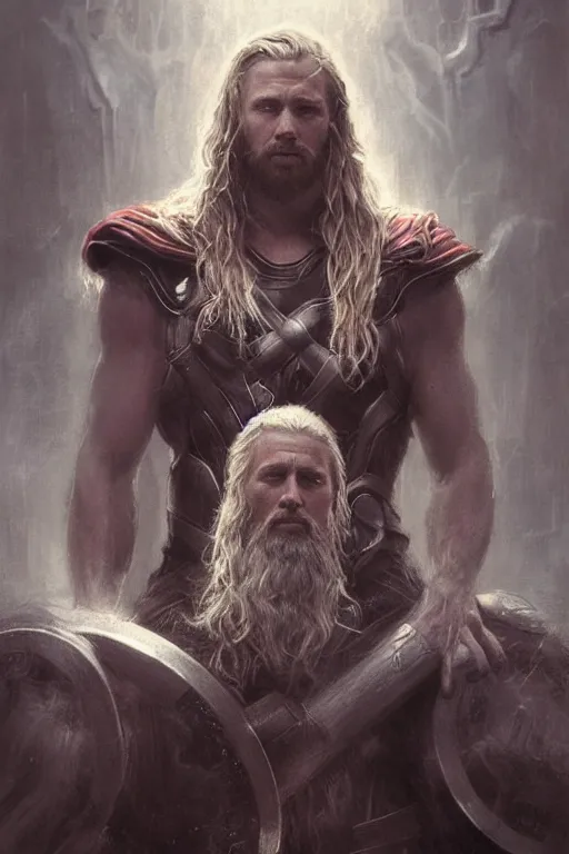 Image similar to realistic portrait beautiful concept art of avengers movie scene when thor mutate into odin. horror, created by gustave dore and greg rutkowski, high detailed, smooth draw, synthwave neon retro, intricate, realistic proportions, dramatic lighting, trending on artstation.